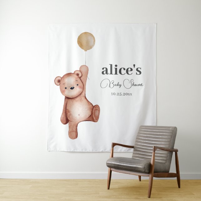 Tenture Baby shower neutre de l'ours en peluche (En situation)
