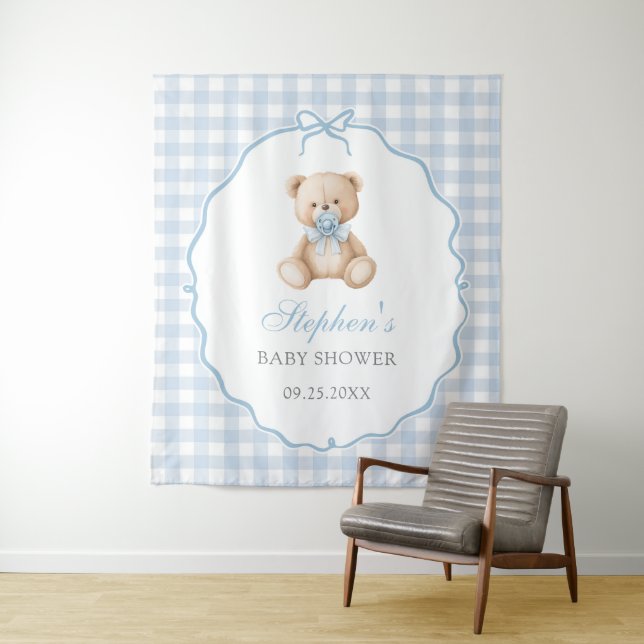 Tenture Baby Shower Ours en Gingham Bleu  (En situation)