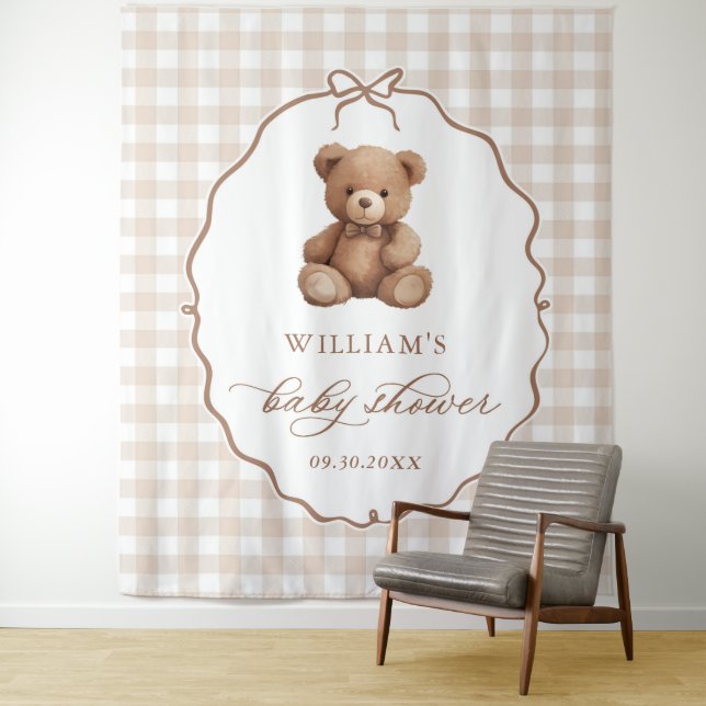 Tenture Baby-Shower Ourson Gingham Genre Neutre (En situation)