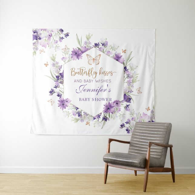 Tenture Baby shower papillon en or violet (En situation (horizontale))