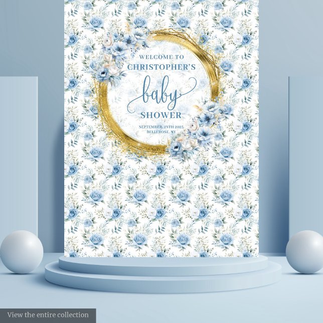 Tenture Baby shower petit garçon fleurs bleues pastel et o (Little pastel blue flowers gold boy baby shower Tapestry)