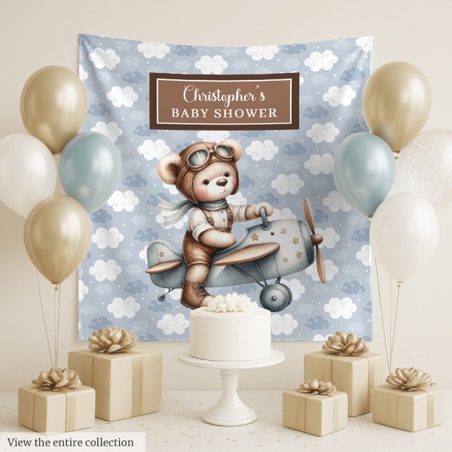Tenture Baby shower pilote de l'ours en peluche à la mode  (Trendy teddy bear pilot baby shower photo wall)