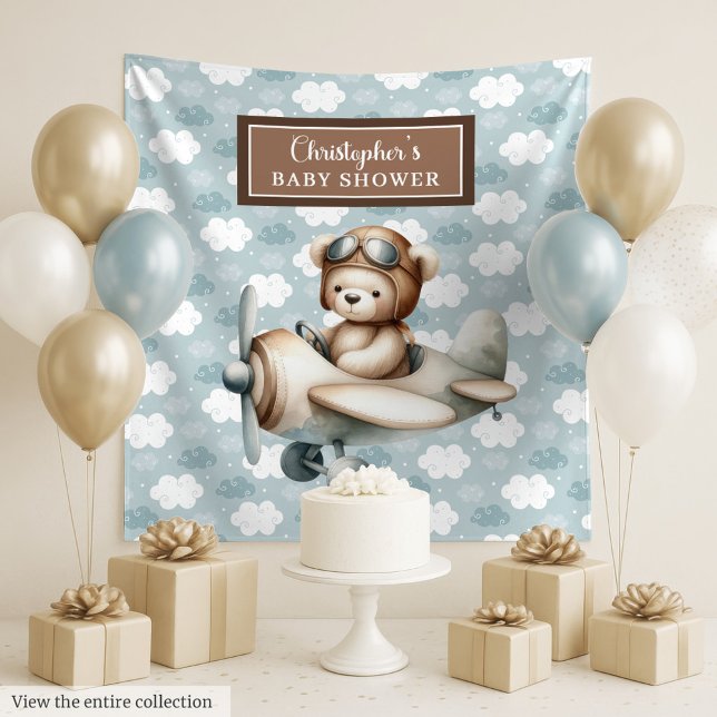 Tenture Baby shower pilote d'ours en peluche à lunettes (Whimsical teddy bear pilot baby shower backdrop)