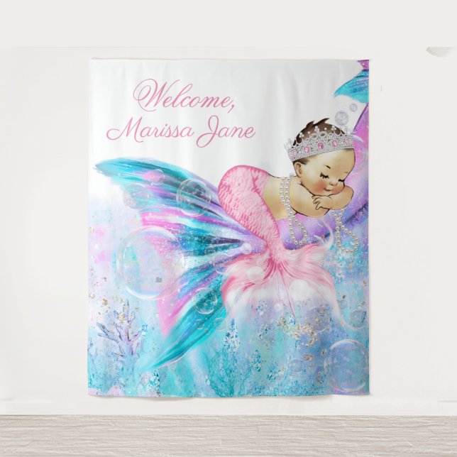 Tenture Baby shower Sirène Contexte Brunette Mermaid (Devant)