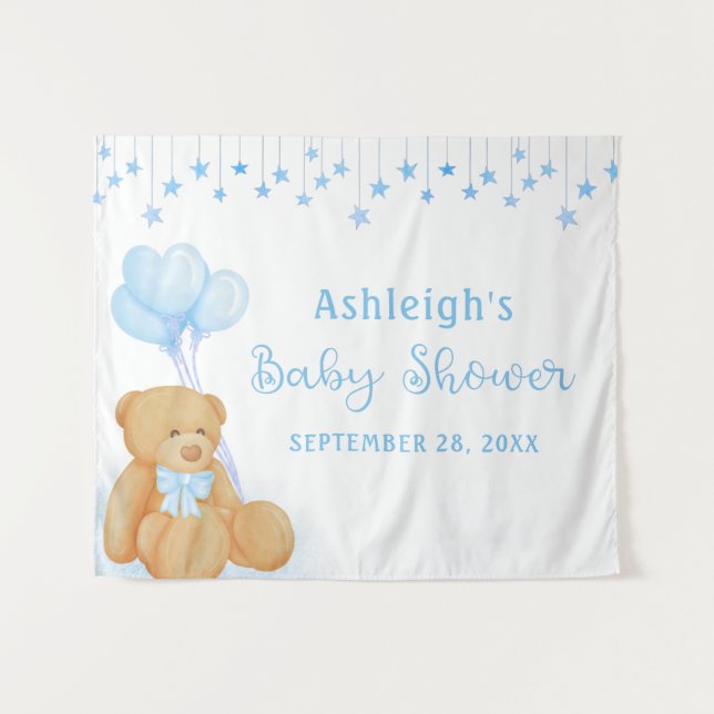 Tenture Baby shower Teddy Bear Blue Stars fond (Devant (Horizontal))