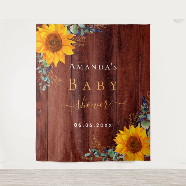 Tenture Baby shower tournesol bois brun rustique eucalyptu (Devant)