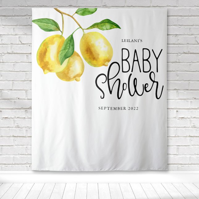 Tenture Baby-Showing aquarelle au citron (Watercolor citrus lemon drop with a fun typography for baby shower making a beautiful backdrop.)