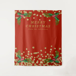 Tenture Backdrop Gold Red Joyeux Noël Holly Parties scinti