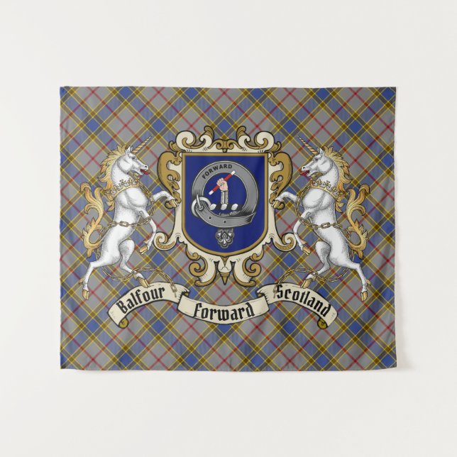 Tenture Badge de clan Balfour et licornes avec Tartan (Devant (Horizontal))