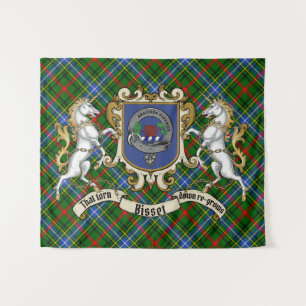 Tenture Badge de clan Bisset et licornes avec Tartan
