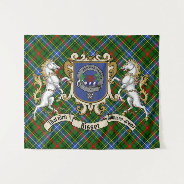 Tenture Badge de clan Bisset et licornes avec Tartan (Devant (Horizontal))