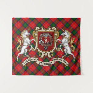 Tenture Badge de clan Chisholm et licornes avec Tartan