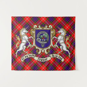 Tenture Badge de clan Fraser et licornes avec Tartan
