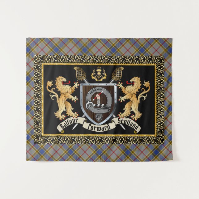 Tenture Badge et devise du clan Balfour avec Lions (Devant (Horizontal))