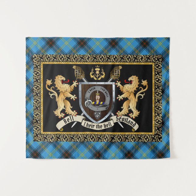 Tenture Badge et devise du clan Bell avec Lions (Devant (Horizontal))