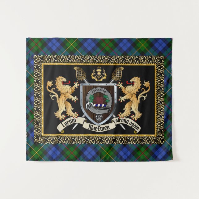 Tenture Badge et devise du clan MacEwen avec Lions (Devant (Horizontal))