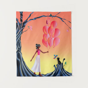 Tenture Ballerina mignonne et chat à Sunset Tree