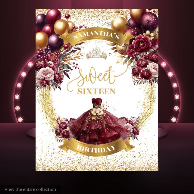 Tenture Ballons d'or de Bourgogne sweet sixteen (Sweet Sixteen Backdrop Burgundy Gold Balloons)