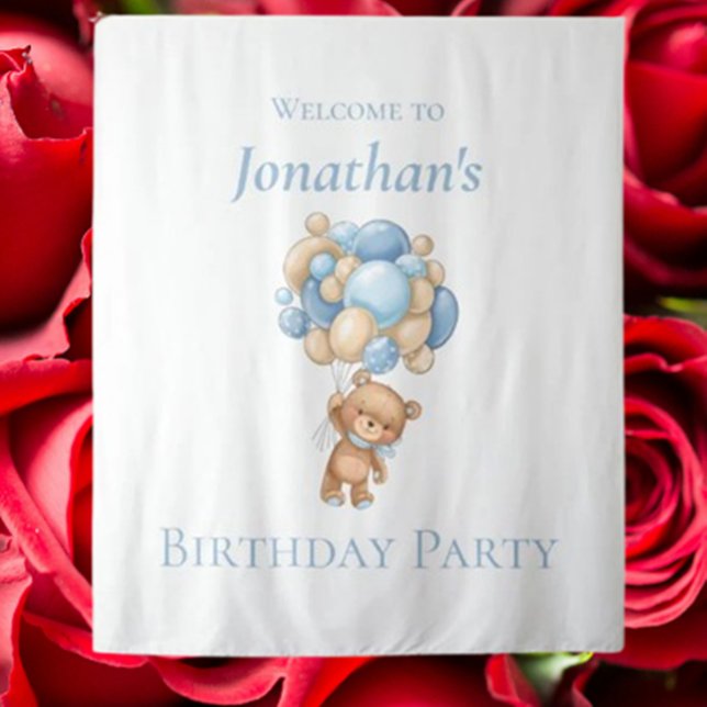Tenture Ballons d'ours en peluche Bleu Garçon arrière-plan (Celebrate your boy’s birthday with a charming blue teddy bear balloons backdrop)