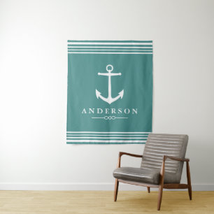 Tenture Bande blanche marine et Ancre Turquoise   Personna