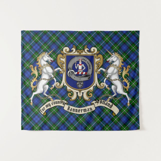 Tenture Bannerman Clan Badge & Unicorns avec Tartan (Devant (Horizontal))