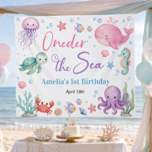 Tenture Bannière d'anniversaire de créatures océaniques mi