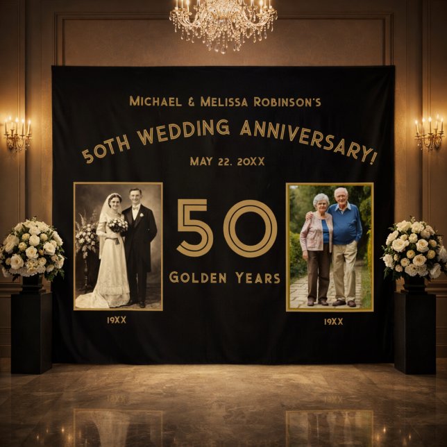 Tenture Bannière d'anniversaire de mariage 50 ans - Années (Elegant black and gold 50th anniversary backdrop in luxury ballroom setting.)