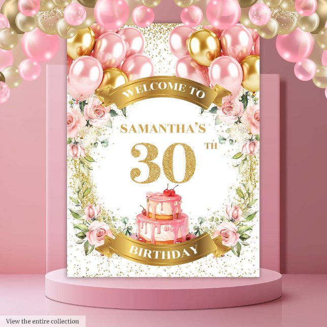Tenture Bannière d'anniversaire dorée rose pour 30 ans (Sweet 30th Birthday Blush Gold Birthday Banner)
