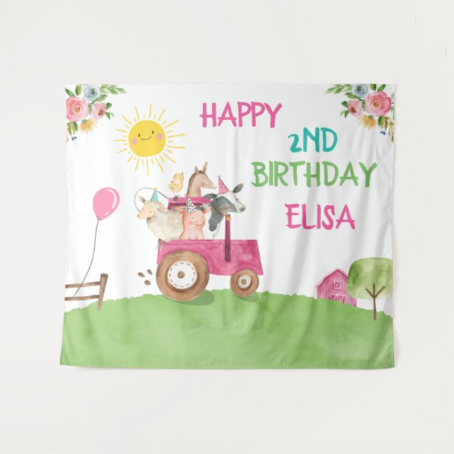 Tenture Bannière d'anniversaire rose pour fille aux animau (Devant (Horizontal))