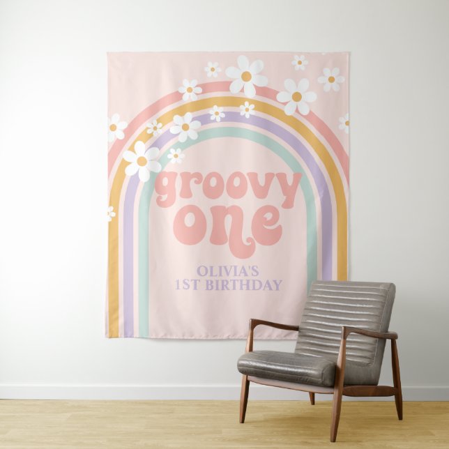 Tenture Bannière de 1er anniversaire Groovy One Pastel arc (En situation)