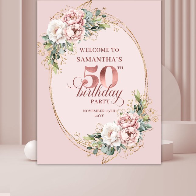 Tenture Bannière de 50e anniversaire à feuillage doré rose (Stylish Rose Gold Greenery 50th Birthday Banner)