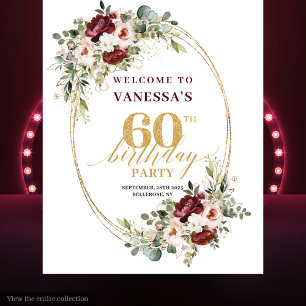 Tenture Bannière de 60e anniversaire florale or romantique