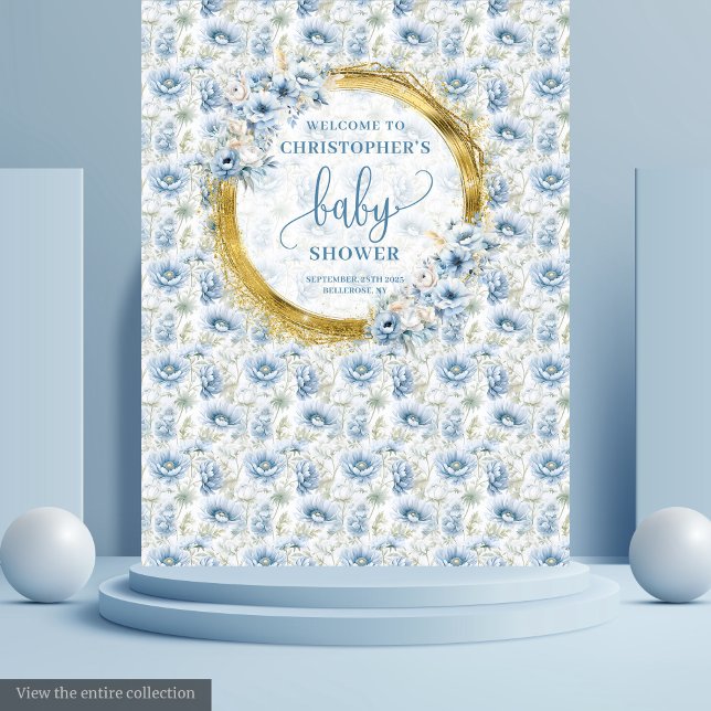 Tenture Bannière de Baby Shower Charmante Fleurie Bleu Pou (Charming Dusty Blue Gold Floral Baby Shower Banner Tapestry)