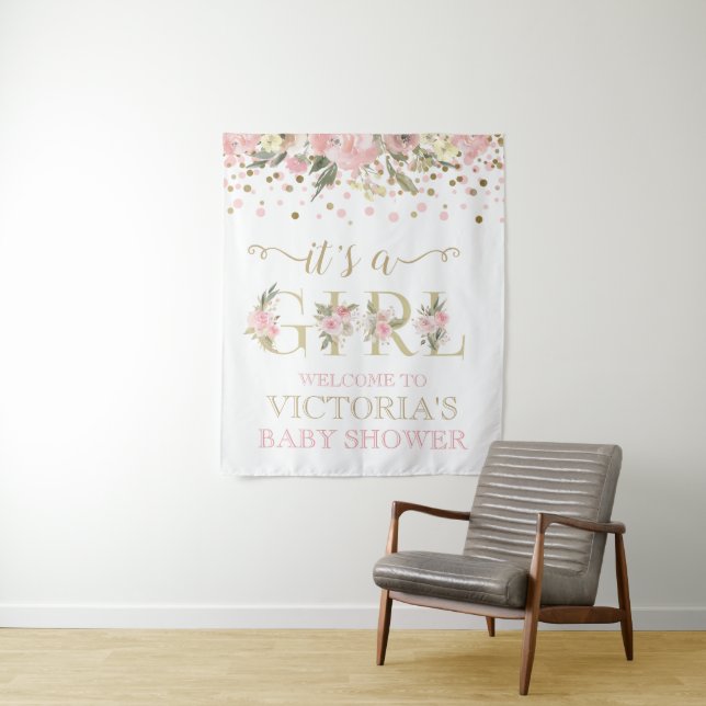Tenture Bannière de Baby Shower Fille Rose Doré (En situation)