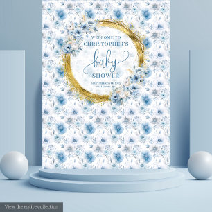 Tenture Bannière de Baby Shower Fleurie Bleu Pastel et Or