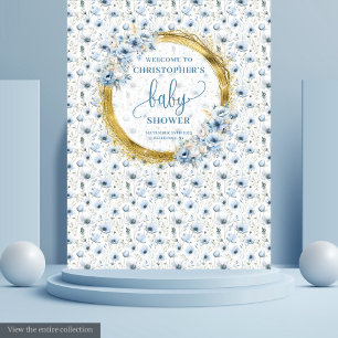 Tenture Bannière de Baby Shower Fleurs Bleu Pastel Doré Do