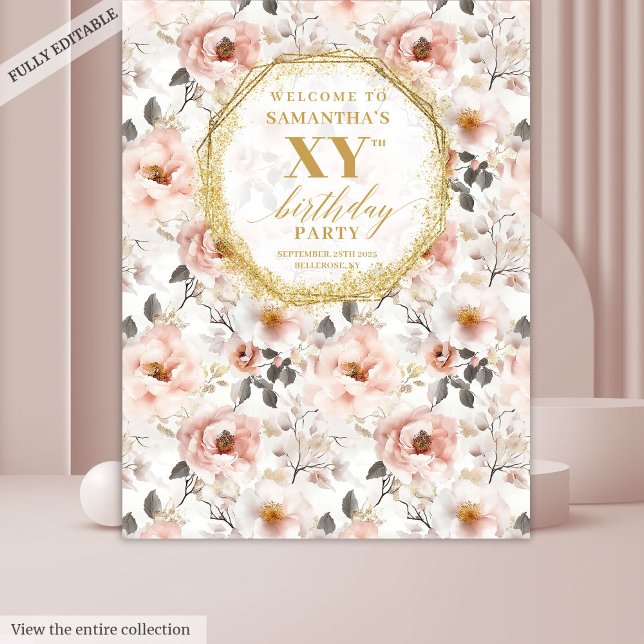 Tenture Bannière de fête d'anniversaire rose pâle (Glamorous Dusty Pink Floral Birthday Party Banner Tapestry)