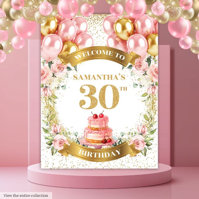 Tenture Bannière de fête dorée rose pour un 30e anniversai (Adorable 30th Birthday Blush Gold Party Banner)