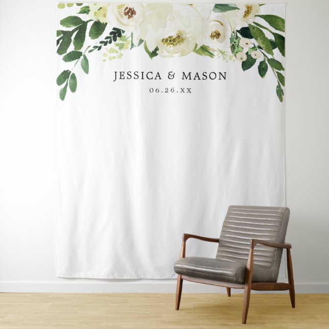 Tenture Bannière de fond de mariage aux roses blanches (En situation)