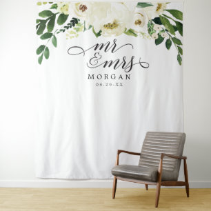 Tenture Bannière de fond de mariage Mr & Mrs Roses blanche