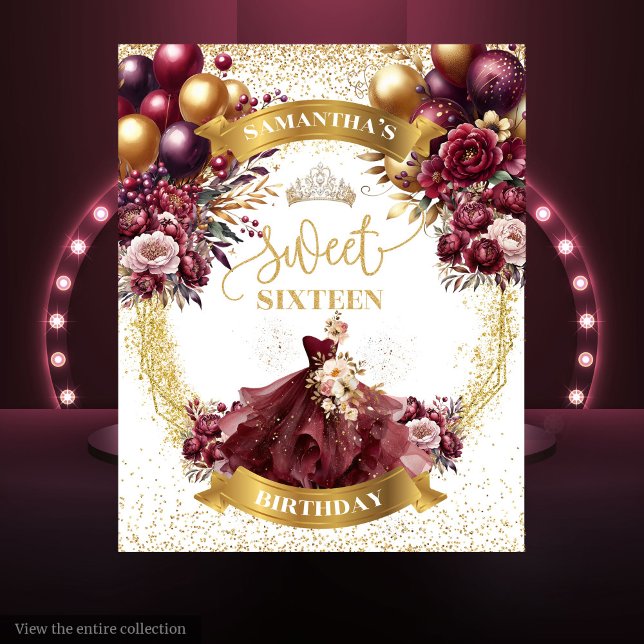 Tenture Bannière de Sweet sixteen d'or de Bourgogne Glitte (Burgundy Gold Sweet Sixteen Banner Balloons Glitter)