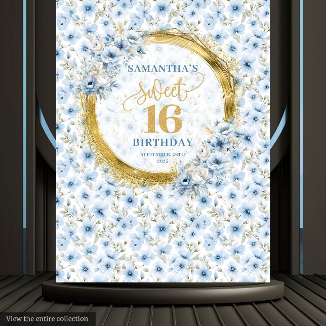 Tenture Bannière élégante de Parties scintillant bleu clai (Stylish Light Blue Sweet 16 Gold Glitter Banner Tapestry )