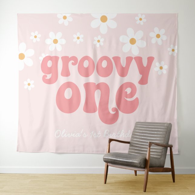Tenture Bannière Groovy One Retro Daisy Rose pour 1er anni (En situation (horizontale))