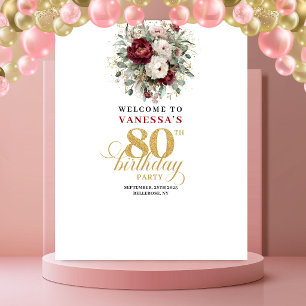 Tenture Bannière Moderne de 80e Anniversaire Rose Bourgogn