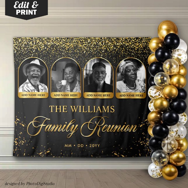 Tenture Bannière personnalisée pour réunion de famille, 4  (Custom Family Reunion Banner, 4 Photo Black Gold Tapestry)