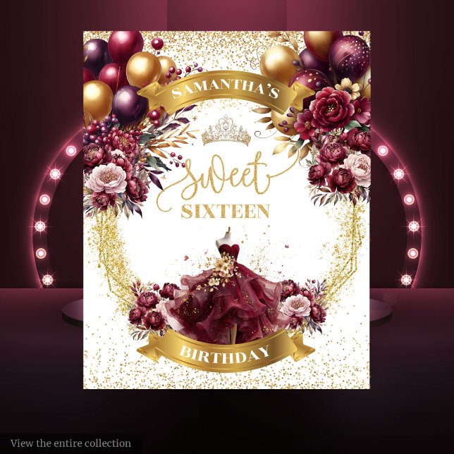 Tenture Bannière sweet sixteen Bourgogne Fleurs Parties sc (Sweet Sixteen Banner Burgundy Flowers Gold Glitter)
