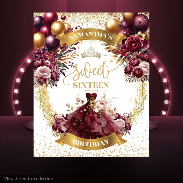 Tenture Bannière sweet sixteen Burgundy Boloons Aquarelle (Sweet Sixteen Banner Burgundy Balloons Watercolor Style)