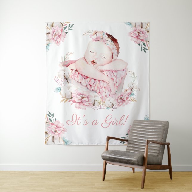 Tenture Bannières de fond de Baby shower d'aquarelle fille (En situation)