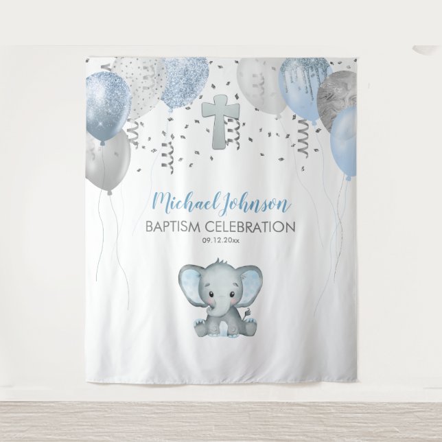 Tenture Baptême aquarelle éléphants ballons (Devant)