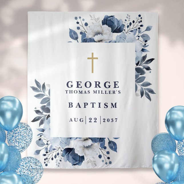 Tenture Baptême botanique bleu de la Marine Contexte photo (Navy Blue Botanical Baptism Photo Backdrop)